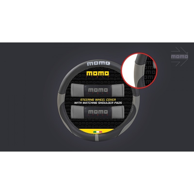 FUNDA DE VOLANTE Y ALMOHADILLAS MOMO 007 JUEGO DE 3 PIEZAS COLOR NEGRO/GRIS